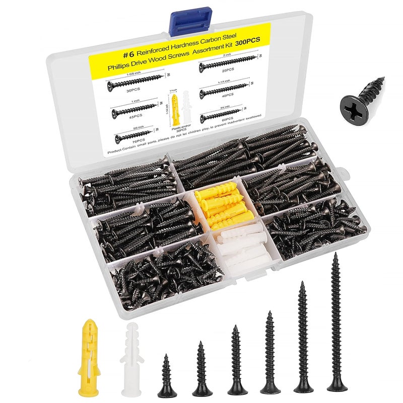 LERNOU M3.5 Wood Screw Assembly Kit,Drywall Screws,Phillips Drive Flat Head Self Tapping Screw Set,Kitchen Cabinet Drywall Small Screws 300 Pcs,Length 5/8" to 2",Oxide Coated Deck Black or DIY Fasteners. - Image 1